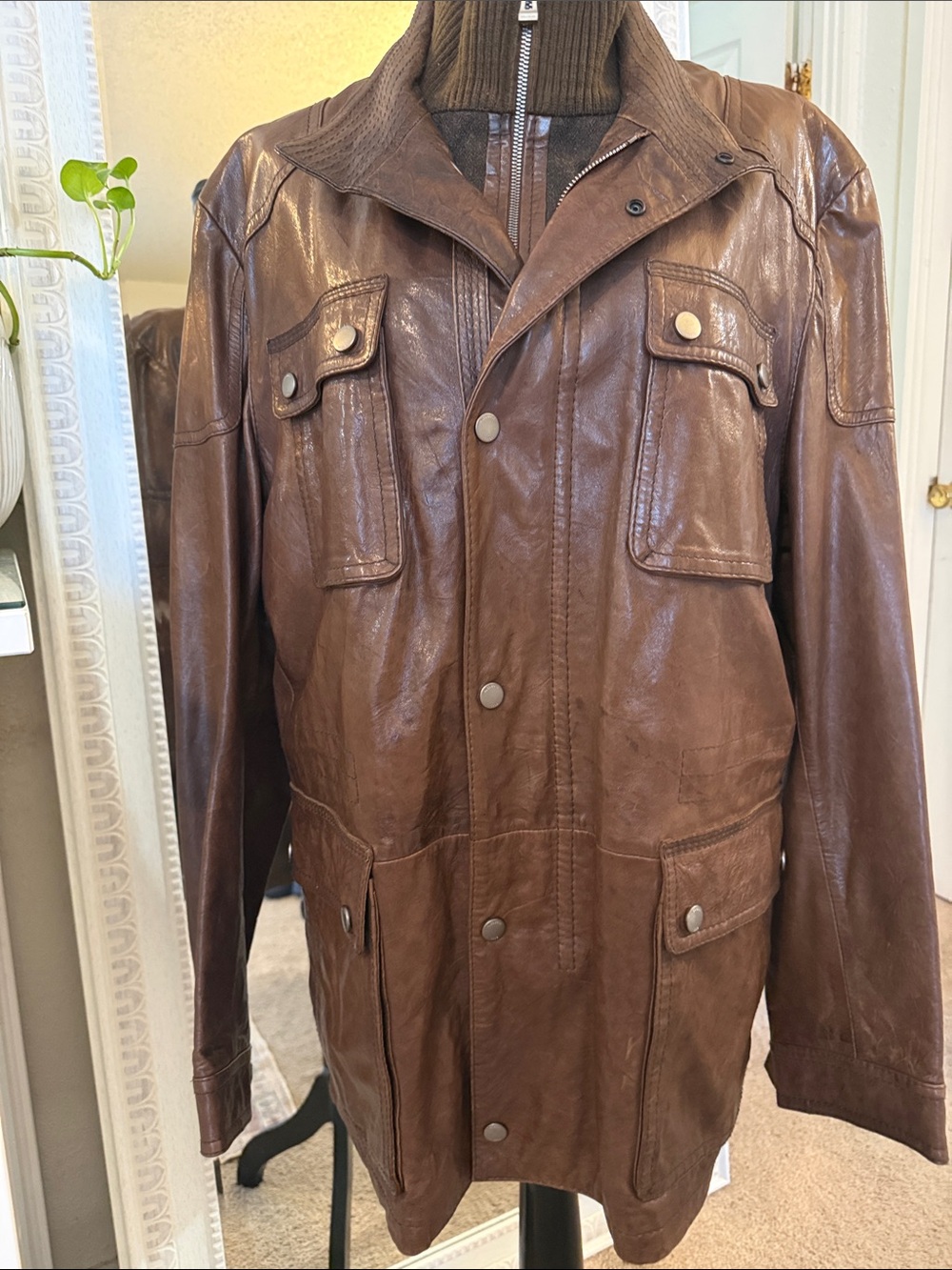 Vintage Hugo Boss brown lambskin leather field jacket.